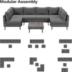 LAUSAINT HOME Outdoor Patio Furniture, 7 Piece Outdoor Sectional Sofa PE Rattan Wicker Patio Conversation Sets, All Weather Patio Furniture Set with Thick Cushions for Garden, Backyard (Grey)
