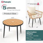 Pamapic 5-Piece Outdoor Dining Set, All-Weather PE Rattan Outdoor Furniture Set with Wood Table Top, Patio Dining Set with Cushion Chairs & Round Table for Garden, Lawn, Patio (Yellow & White)