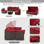 Vicluke 6 Pieces Patio Conversation Sets, Rectangle Wicker Daybed with Canopy, Adjustable Backrest, Storable Tea Table, Outdoor Sunbed for Backyard Garden Poolside(Wine Red)
