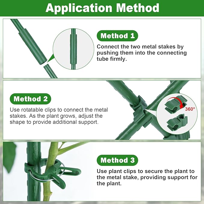 Garden Stakes 20 Pack, 16 Inch Plastic Coated Metal Tomato Stakes, DIY 4ft 5ft 6ft 7ft Plant Support Stakes with 14 Connectors 14 Rotatable Clips 14 Plant Clips for Indoor Outdoor Vegetables