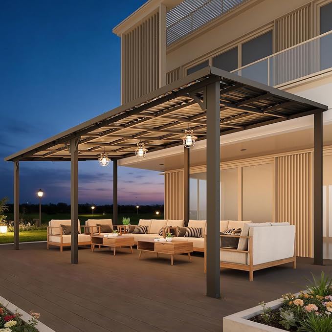 AECOJOY 10' x 20' Outdoor Hardtop Metal Gazebo for Patio, Large Lean to 20x10 Galvanized Steel Wall Mounted Pergolas and Grill Gazebos Clearance, Heavy Duty Patio Roof Metal Awnings for Decks