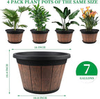 Quarut Large 4 Pack 16 inch Plant Pots,Whiskey Barrel Planters with Drainage Holes & Saucer,Plastic Decoration Flower Pots Retro Design,Planters for Outdoor Indoor Garden Balcony Plants (Brown)