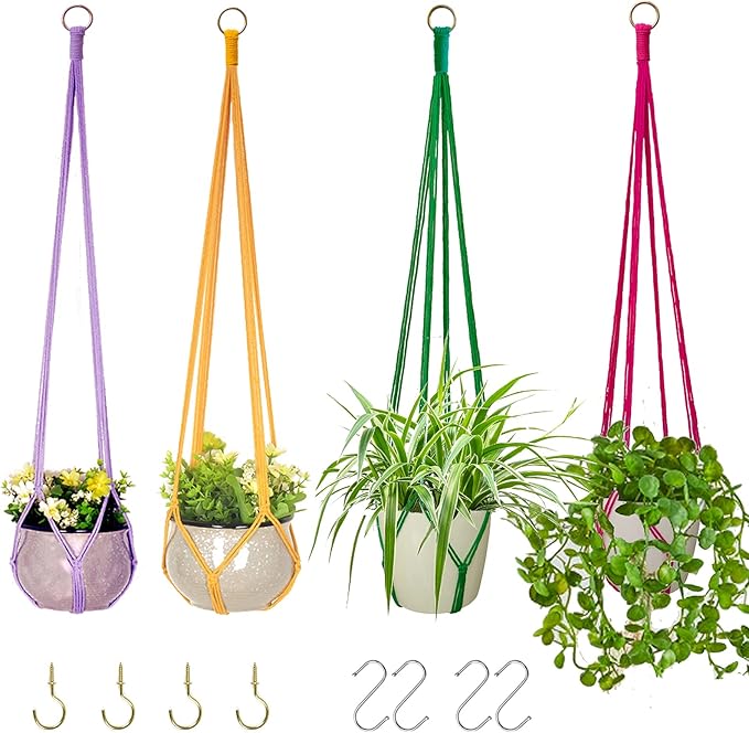 Hanging Planters for Plants with 8 Hooks, Handmade Colorful Cotton Rope Hanging Plant Holder Indoor & Outdoor Boho Room Decor Hanging Ceiling Decor，4 Pack. (4 Color)