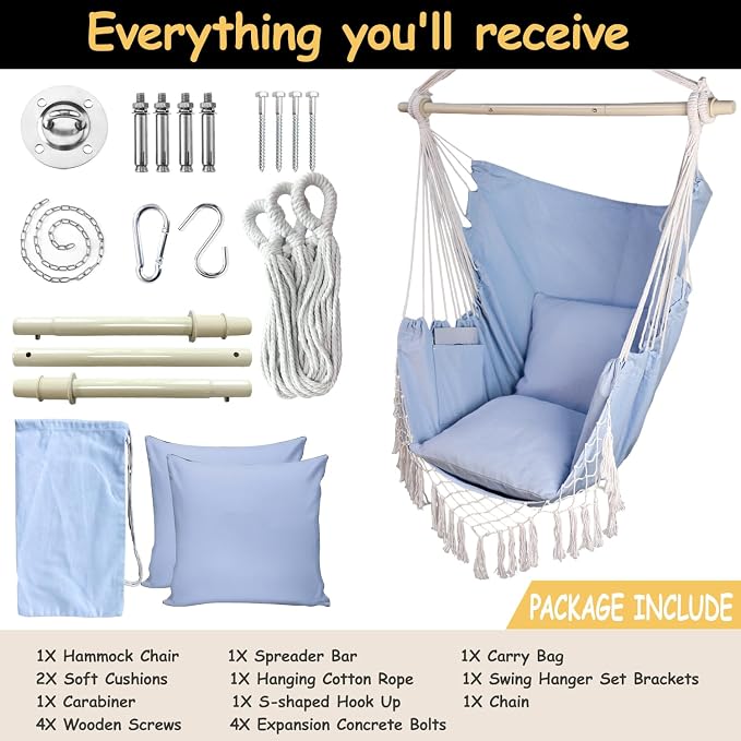 Hammock Chair with Pocket, Blue/White Polycotton, 450 lb Capacity