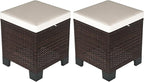 Outsunny 2 Pieces Outdoor Patio Ottomans, All Weather Wicker Outdoor Footstools with Removable Cushions, 3-in-1 PE Rattan Ottoman Seat, Footrest and Side Table for Backyard, Poolside, Beige