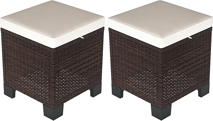 Outsunny 2 Pieces Outdoor Patio Ottomans, All Weather Wicker Outdoor Footstools with Removable Cushions, 3-in-1 PE Rattan Ottoman Seat, Footrest and Side Table for Backyard, Poolside, Beige