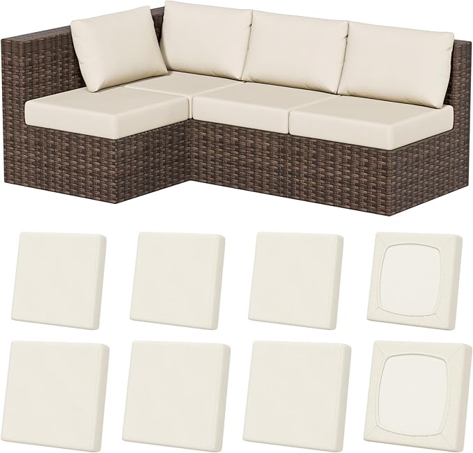 Cushion Covers 8 Pack, Beige Stretch-Fit Outdoor Patio Replacement
