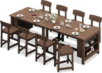 SERWALL 10-Piece HDPE Counter Height Dining Table Sets with Storage and Wine Rack, 2 Rectangular Bar Table with Bar Stools Set of 8 for Garden, Backyard, Kitchen, Brown