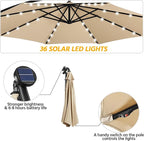 Yaheetech 10FT Solar Offset Umbrella with 32 LED Lights Cantilever Hanging Outdoor Umbrellas Handy Crank & Cross Base for Lawn/Deck/Backyard/Pool Tan