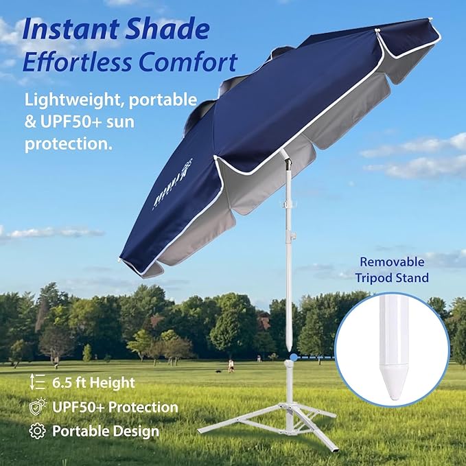 AMMSUN Shade Umbrella, Premium Portable Umbrella with Stand, 6.5ft Lightweight Free Standing Canopy for Sporting Games, Adjustable Instant Sun Protection and Easy to Carry, Navy Blue