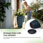 QCQHDU Set of 2 Large Tall Blue Planters with Saucer - 9 Gallon 12" Diameter x 21" H Faux Stone Round Pots for Indoor Plants, Outdoor Patio & Porch Decor, Heavy Duty Weatherproof Plant Containers