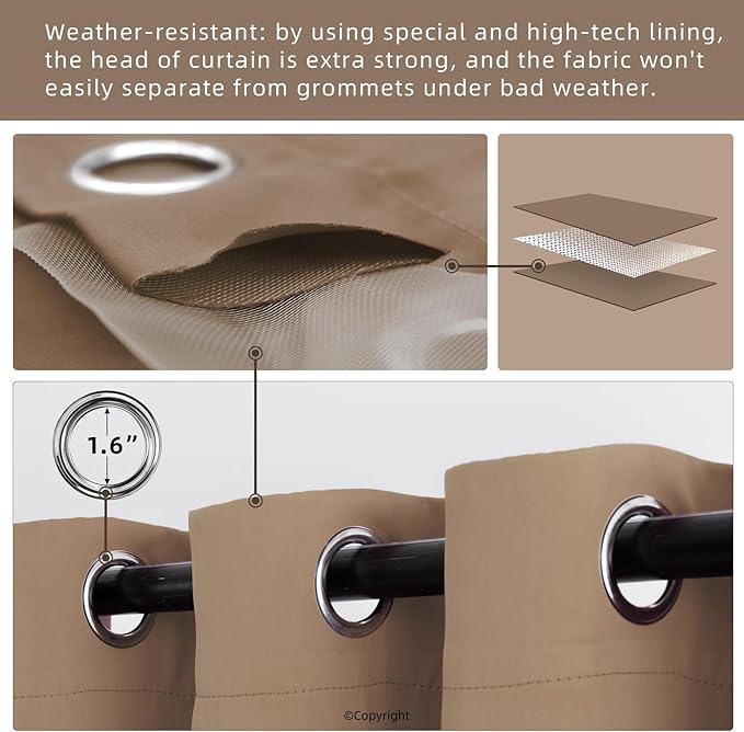 Outdoor Indoor Curtains W52 x L108 for Patio - Weather-resistant Window Panels Privacy Protect Grommet Top Thermal Insulated Home Curtain for Porch Pergola Garden (Camel Brown, 2 Panels)