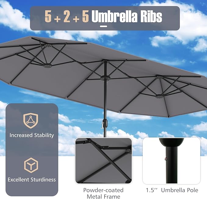 Tangkula 9 Piece Rattan Outdoor Dining Set with 13Ft Umbrella for 6, Outdoor Wicker Table Set with 6 Cushioned Armchairs, Acacia Wood Top, Outdoor Umbrella & with Base Included