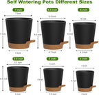 Self Watering Pots, 7/6.5/6/5.5/5/4 inch Flower Pots with Multi Mesh Drainage Holes, Small Platic Planters for Indoor Outdoor Garden Plants and Flowers (Black with Brown Tray, 7"+6.5"+6"+5.5"+5"+4")