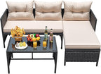 Devoko Outdoor Patio Furniture 3-Piece Rattan Waterproof Outdoor Sectional Sofa All-Weather L Shaped Patio Couch with Cushion Glass Table for Balcony, Garden (Beige)