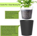 3 Pack of 6in Plastic Cachepot with 6 inch Clear nusery Pot - self Watering Indoor Planter with Drainage for Root Visibility,semi Hydro pots for repotting Orchids,Aroid or Monstera,Black