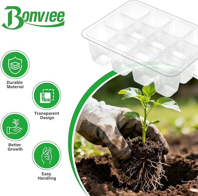 Bonviee 12 Packs Seed Starter Tray with Drainage Holes, Reusable & Durable, Clear for Root Monitoring, Easy to Repotted Without Root Damage, 12 Cells per Tray
