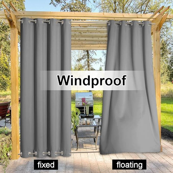 NICETOWN Outdoor Curtains Sunblock with Rustproof Grommet Top and Bottom 2 Panels, Thermal Insulated Fixed Windproof Blackout Outdoor Curtain Drapes Privacy for Patio, W52 x L95, Silver Grey