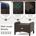 RELAX4LIFE Wicker Outdoor Ottomans for Patio - Set of 2 Rattan Footstools w/Removable Cushions, Multipurpose Outside Foot Rest, Side Table & Additional Seating for Porch Garden Backyard (Navy)