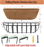 36'' Window Box Railing Planter with Coco Liner,2 Pack Horse Trough Planters Black Metal Hanging Flower Planters Basket for Porch Fence Patio Indoor Outdoor Lawn