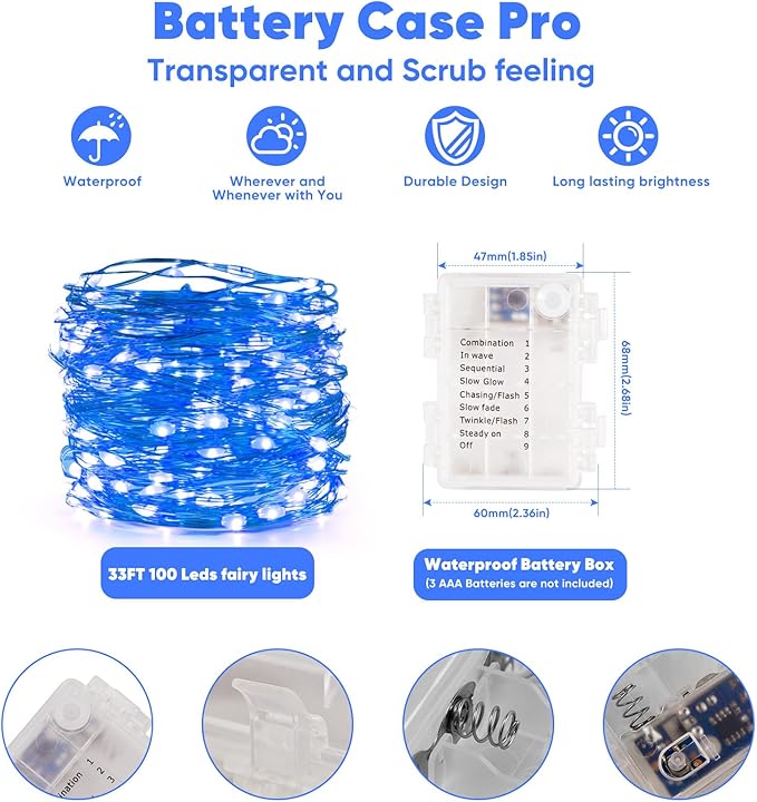 Indoor String Lights, 32.8 Ft Blue LED Battery Powered with Remote