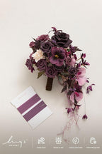 Artificial Flowers Plum Cascade Wedding Bouquet, Silk with Pearls, 13 Inch