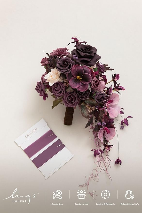 Artificial Flowers Plum Cascade Wedding Bouquet, Silk with Pearls, 13 Inch