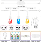 Mlambert 96Ft(2x48ft) Outdoor Patio Lights, RGB Cafe String Lights with Remote Control and 30+5 Dimmable LED Bulbs for Backyard Graden-White 2 Pack