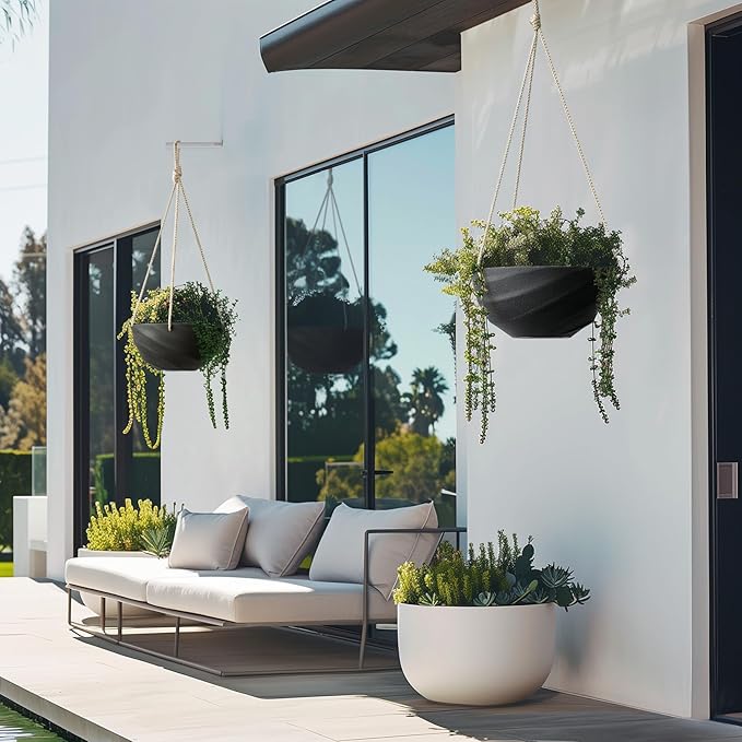 La Jolie Maison 10 Inch Hanging Planters for Indoor Plants, Outdoor Garden Planter Pots with Self-Watering Tray, Jet Black, Spiral Pattern, Set of 2