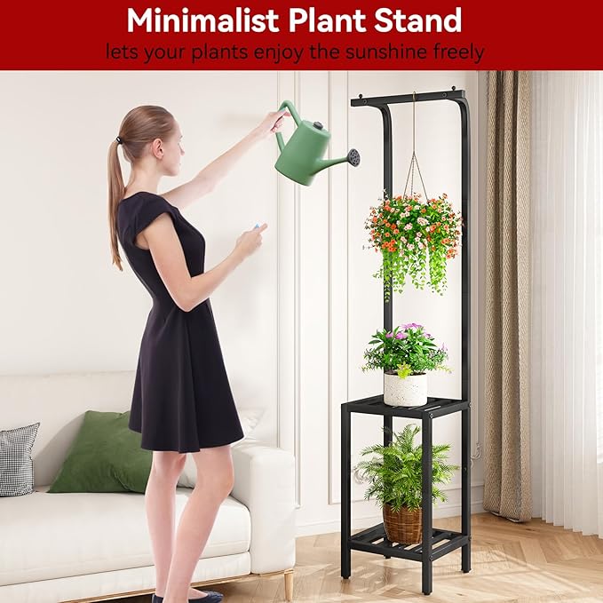 IBUYKE 67 Inch Tall Plant Stand Indoor Outdoor, 3 Tier Metal Hanging Plant Shelf for Multiple Plant, Heavy Duty Plant Holder Flower Stand for Living Room Patio Balcony Garden, Black TMJ076B