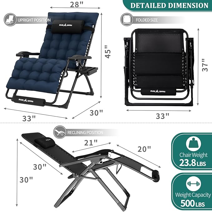 Oversized Zero Gravity Chair Set of 2 – Navy Blue, 33In