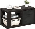 Furinno Viola Coffee Table, 3-Tier Modern Coffee Table with 1.2 Thick Tabletop, Side Table with Open Shelf and Storage Bin, for Living Room, Bedroom, Home Office, Dark Oak