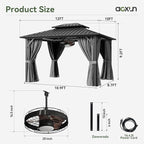 Aoxun 10'x12' Hardtop Gazebo, Aluminum Frame Canopy with Double Galvanized Steel Roof, Outdoor Metal Pavilion with Netting Curtains and 20 inch Ceiling Fans with Lights for Backyard, Patio and Deck