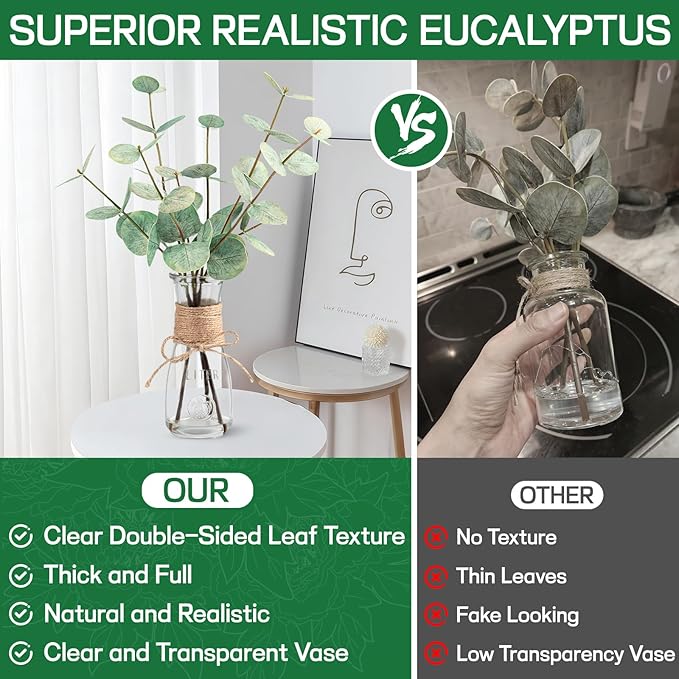 Artificial Eucalyptus Greenery Stems with Glass Vase, 3-Pack, Green