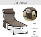 Outsunny Chaise Lounge Chair Outdoor, 5-Position Adjustable Sun Tanning Chair with Carrying Handle and Side Pocket, Folding Bed Cot with Removable Pillow for Garden, Beach, Patio, Pool, Camp, Brown