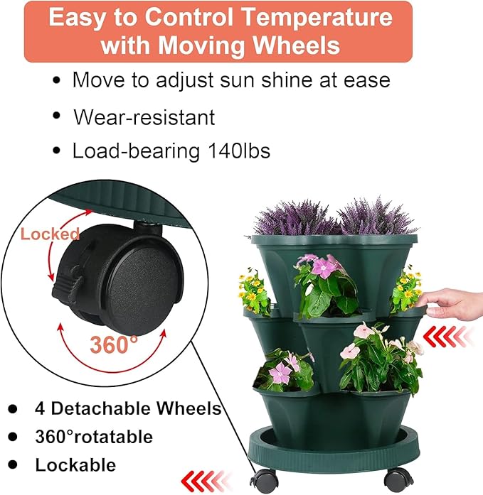 Vertical Planter 3 Tier Stackable Planters Garden Planters Strawberry Herb Flower and Vegetable Planter Indoor Outdoor Gardening Pots with Removable Wheels and Tools