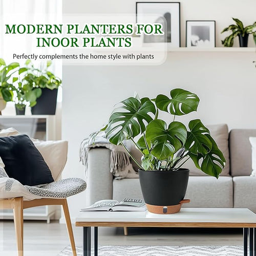 2 Pack 8 Inch Pots for Plants Indoor, Plastic Self Watering Planters with Drainage Holes, Water Level Indicator & Deep Reservoir, Decorative Flower Pots Indoor Outdoor Use (Black