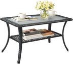 VINGLI Outdoor Coffee Table with Storage Wicker Patio Coffee Table, Tempered Glass Top Coffee Table for Patio Outside Balcony Porch Deck (Black)