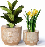 YBX 8 Inch + 6 Inch White Flower Pattern Plant Pots, Sand Glazed Ceramic Planter with Drainage Hole, Flower Pots for Indoor Plants, Tan & White