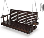 Fortune Candy Wooden Porch Swing 3-Seater, High Backrest and Deep Seat, Bench Swing with Cupholders, Hanging Chains and 7mm Springs, Heavy Duty 880 LBS (Deep Brown, 5 FT Extra Large)