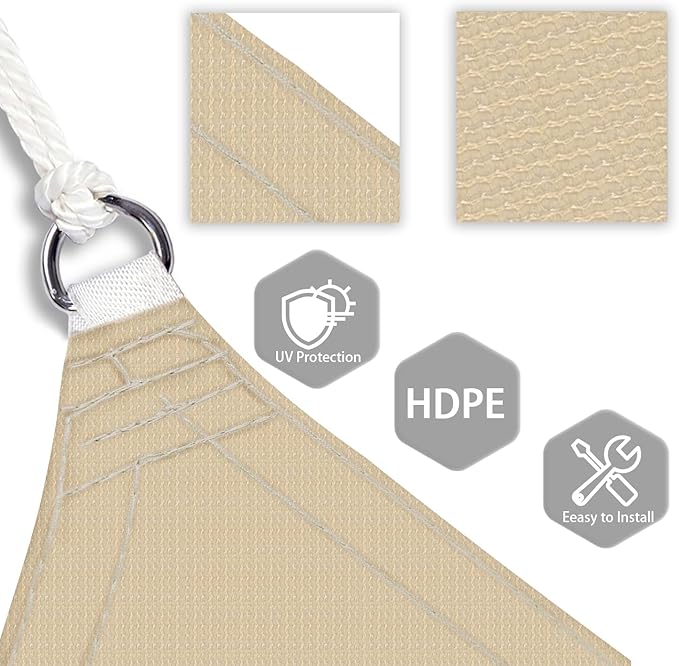 Patio Paradise 9' x 9' x 9' Sun Shade Sail Triangle Canopy Shade Cloth Fabric Sunlight Block Patio Pergola Cover HDPE Deck Awning for Outdoor Backyard Roof Shading, Sand