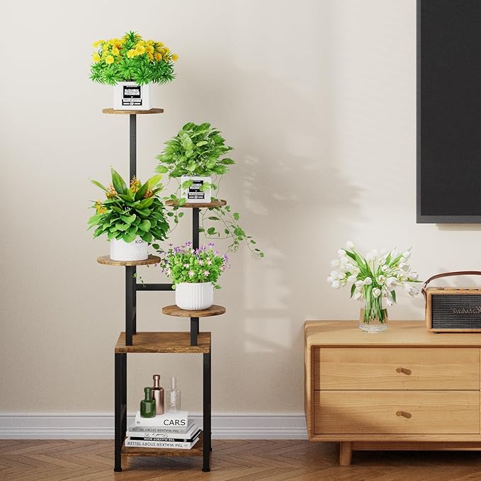Round Plant Stand Indoor with Grow Light, 5-Tiered Tall Plant Stand Indoor, Metal Plant Shelf with Adjustable Light, Ideal for Living Room, Garden, Patio (Black Brown)