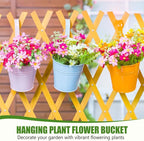OBTANIM 12 Pack Metal Hanging Flower Pots Railing Planter Outdoor Fence Hanging Bucket Plant Holder with Detachable Hooks Drain Holes for Home Garden Yard Decor (Mixed Color, 4 x 4 Inch)