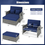 HAPPYGRILL Patio Rattan Wicker Daybed with Loveseat & Storage Ottoman, Outdoor Lounge Sofa Furniture Set with Adjustable Backrest & Side Trays, for Poolside Deck Porch Lawn (Mix Grey & Navy)