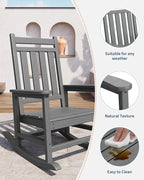 GarveeLife Poly Lumber Rocking Chair Outdoor - HDPE High Back Porch Rocker Chairs for Adults - All Weather Resistant Furniture for Patio - Grey