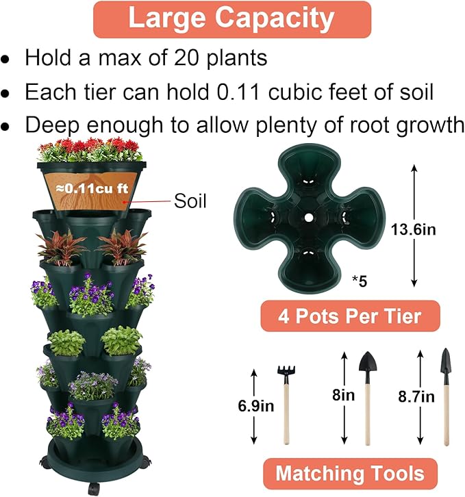 GameXcel Vertical Planter 7 Tier Stackable Planters Garden Planters Strawberry Herb Flower and Vegetable Planter Indoor Outdoor Gardening Pots with Removable Wheels and Tools 2-Pack