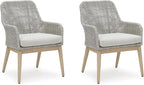 Signature Design by Ashley Seton Creek Cottage Nuvella Weather Resistant Fabric Outdoor Dining Arm Chair with Cushion, Set of 2, Light Brown & Light Gray
