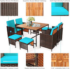Tangkula 9 Pieces Acacia Wood Patio Dining Set, Space Saving Wicker Chairs and Wood Table with Umbrella Hole Outdoor Furniture Set, Suitable for Garden, Yard, Poolside, Outdoor Seating Set
