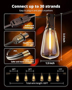 VIPAR Outdoor String Lights 60FT LED Patio Lights LED Waterproof with 26+2 Shatterproof ST38 Edison Bulbs, 2700K Connectable Outside Hanging Light for Porch, Garden, Backyard, Deck, Balcony, Decor