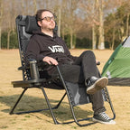 Zero Gravity Chair Set of 2 Oversized Padded Recliner with Adjustable Headrest & Cup Holder - 600D Oxford Folding Lounge Chair for Outdoor Camping, Patio, Poolside (Black & Gray)